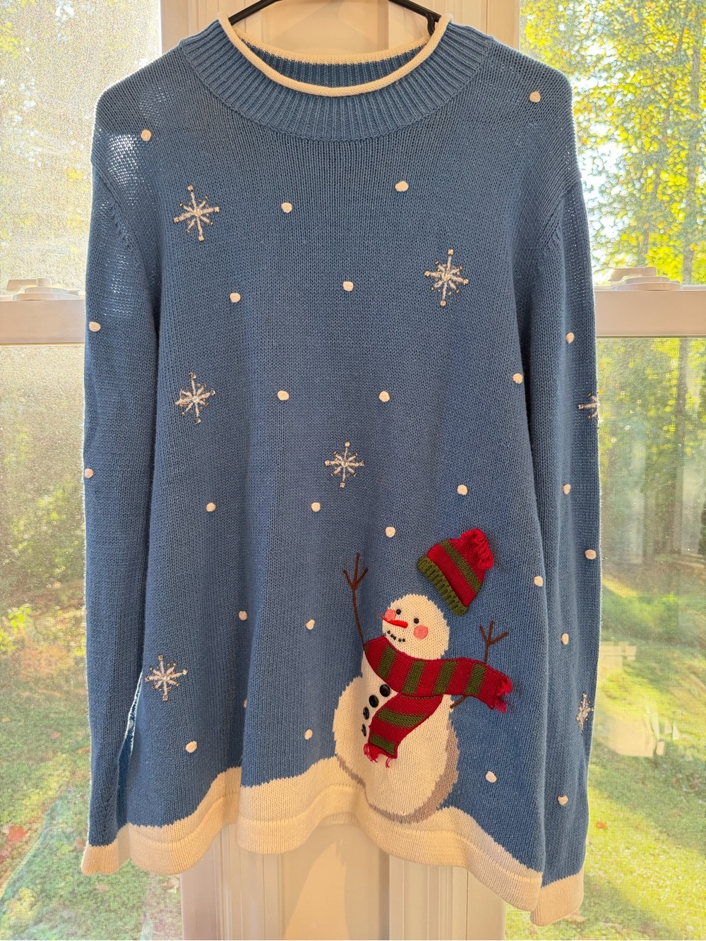 Cider Light Blue Snowman Crewneck Sweater with Cream Trim